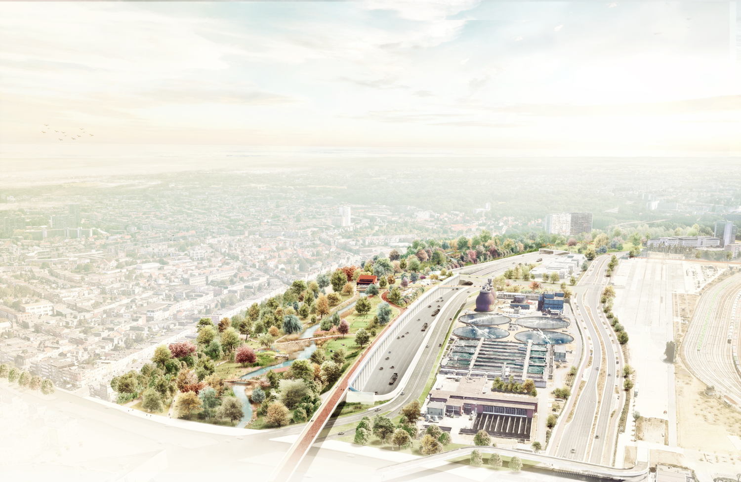Een mogelijk toekomstbeeld van het Ringpark Het Schijn met bijkomende overkapping Schijnvallei. ©Omgeving en De Urbanisten