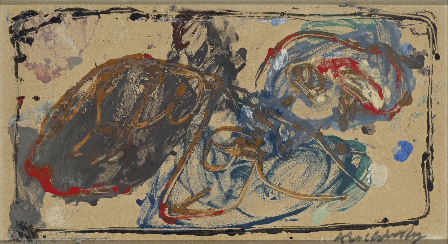 Pierre Alechinsky, Un bon moment - Par ou, 1961 olieverf en papier op doek (2x) 360 x 645 mm Collectie Stichting Andries-Vanlouwe. Foto: Cedric Verhelst, © SABAM Belgium, 2024.
