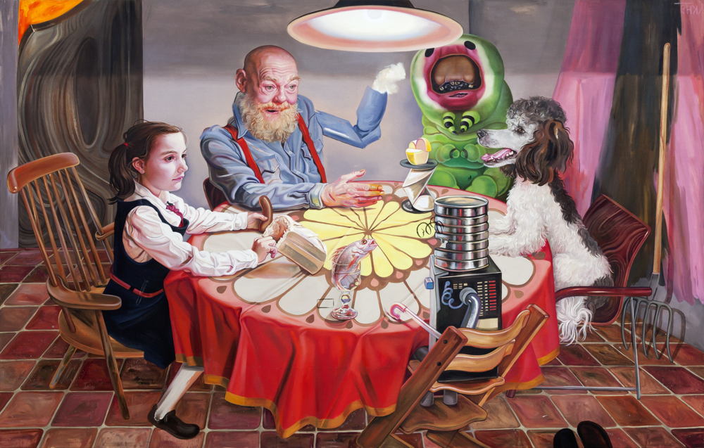 KATI HECK, Tafelrunde: Wässerung, 2019. Oil and crayon, feather, 180 x 280 cm. Courtesy Tim Van Laere Gallery, Antwerp.