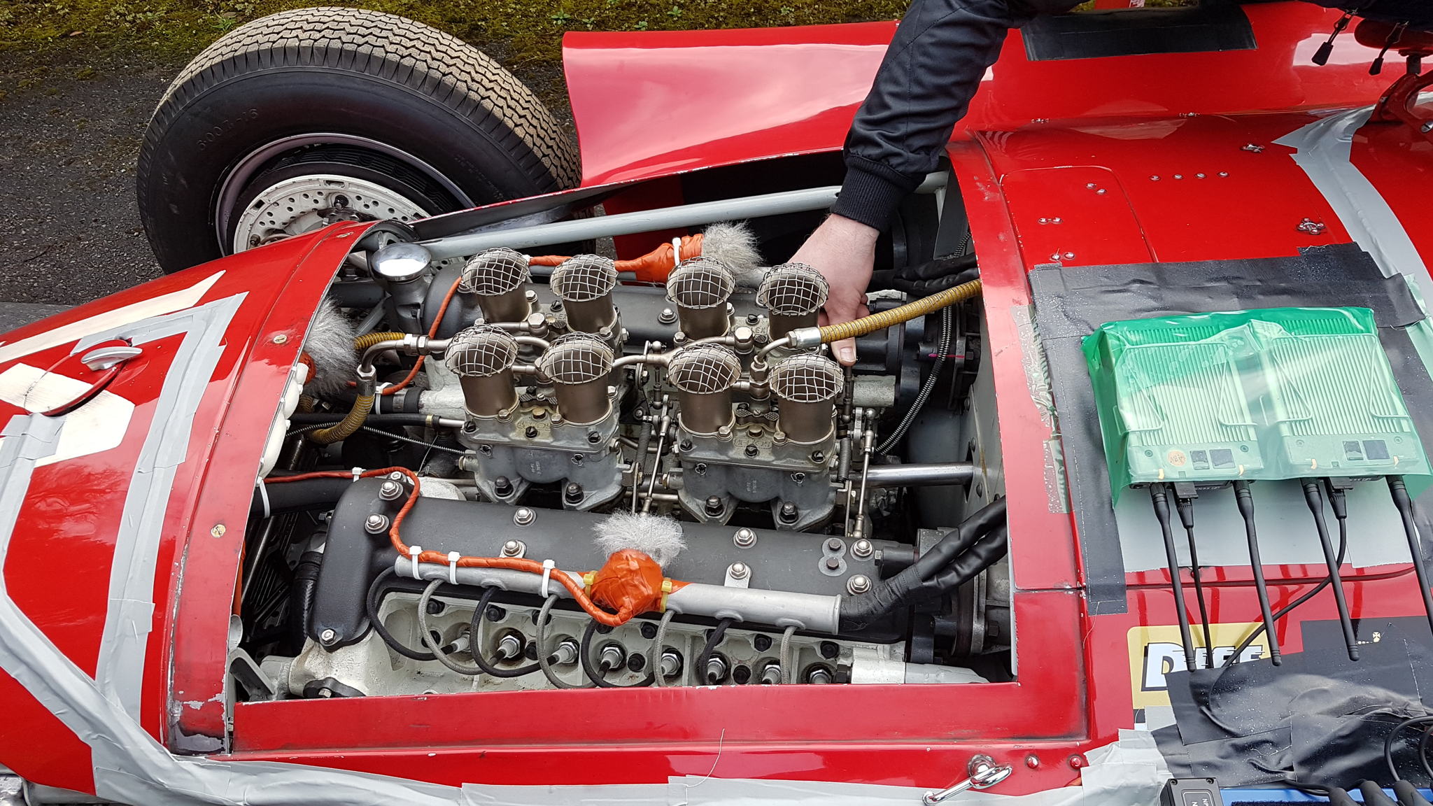 To the right, two Sennheiser EK 6042 receivers mounted to the Lancia-Ferrari D50A, receiving audio from large-diaphragm mics made wireless by SKP plug-on transmitters