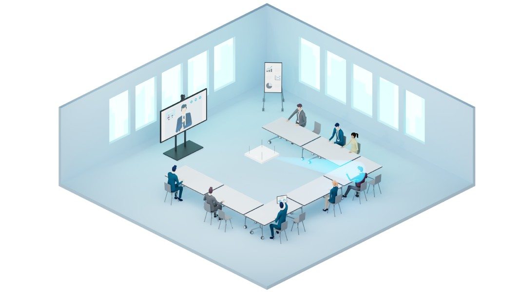 Ceiling microphones with flexible beamforming detect the position of the currently speaking person in the room and focus their directional effect on this sound source in real time.
