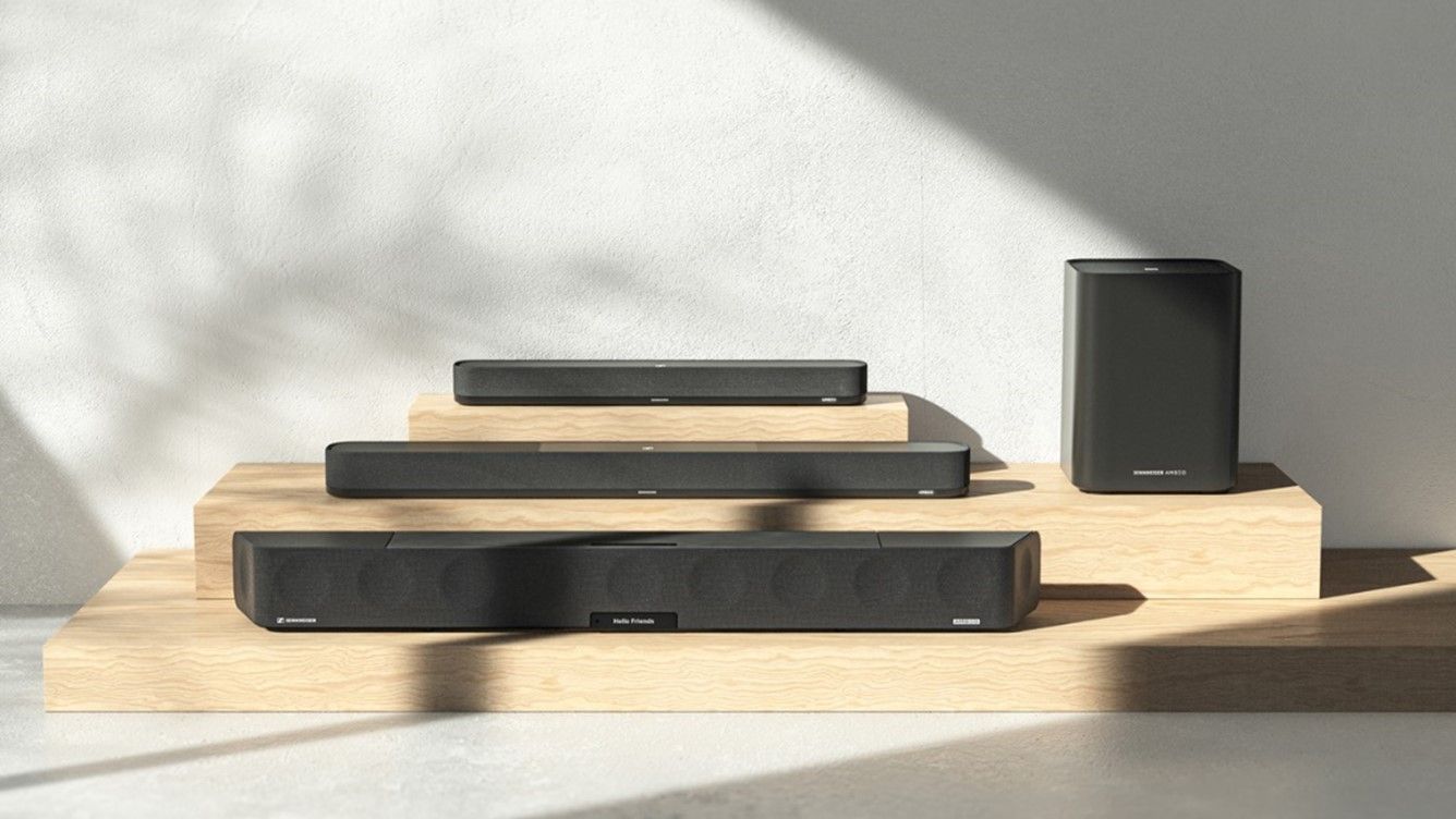 pictured (top to bottom): the Sennheiser AMBEO Soundbar Mini, Plus, Subwoofer, and Max