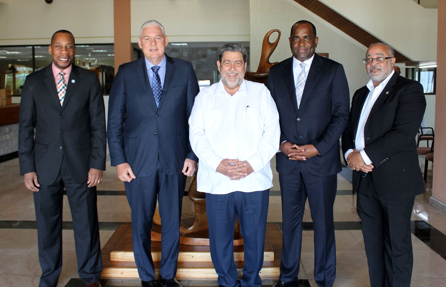 (L to R): Governor of the Eastern Caribbean Central Bank Mr Timothy N. J. Antoine, OECS Chairman and Prime Minister of Saint Lucia The Hon. Allen Chastanet, The Prime Minister of St. Vincent & the Grenadines Dr. Hon. Ralph Gonsalves, Prime Minister of Dominica The Hon. Roosevelt Skerrit and OECS Director General Dr. Didacus Jules.  Photo Credit Marion Bristol