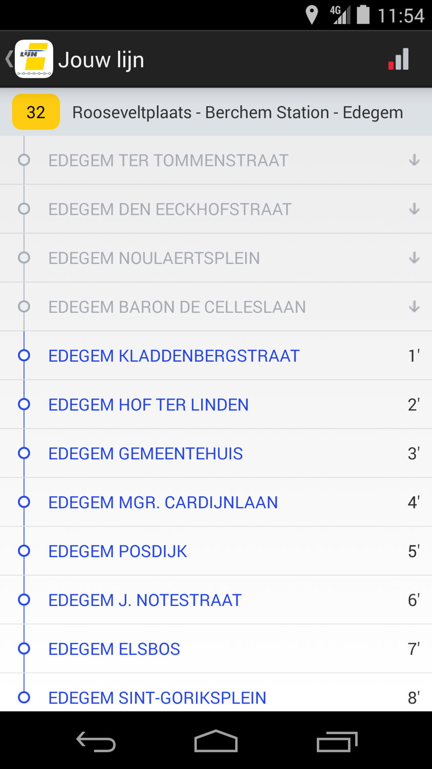 De Lijn - app halteaankondiging
De app toont de volgende haltes en bijhorende reistijd als 'parelsnoer'
