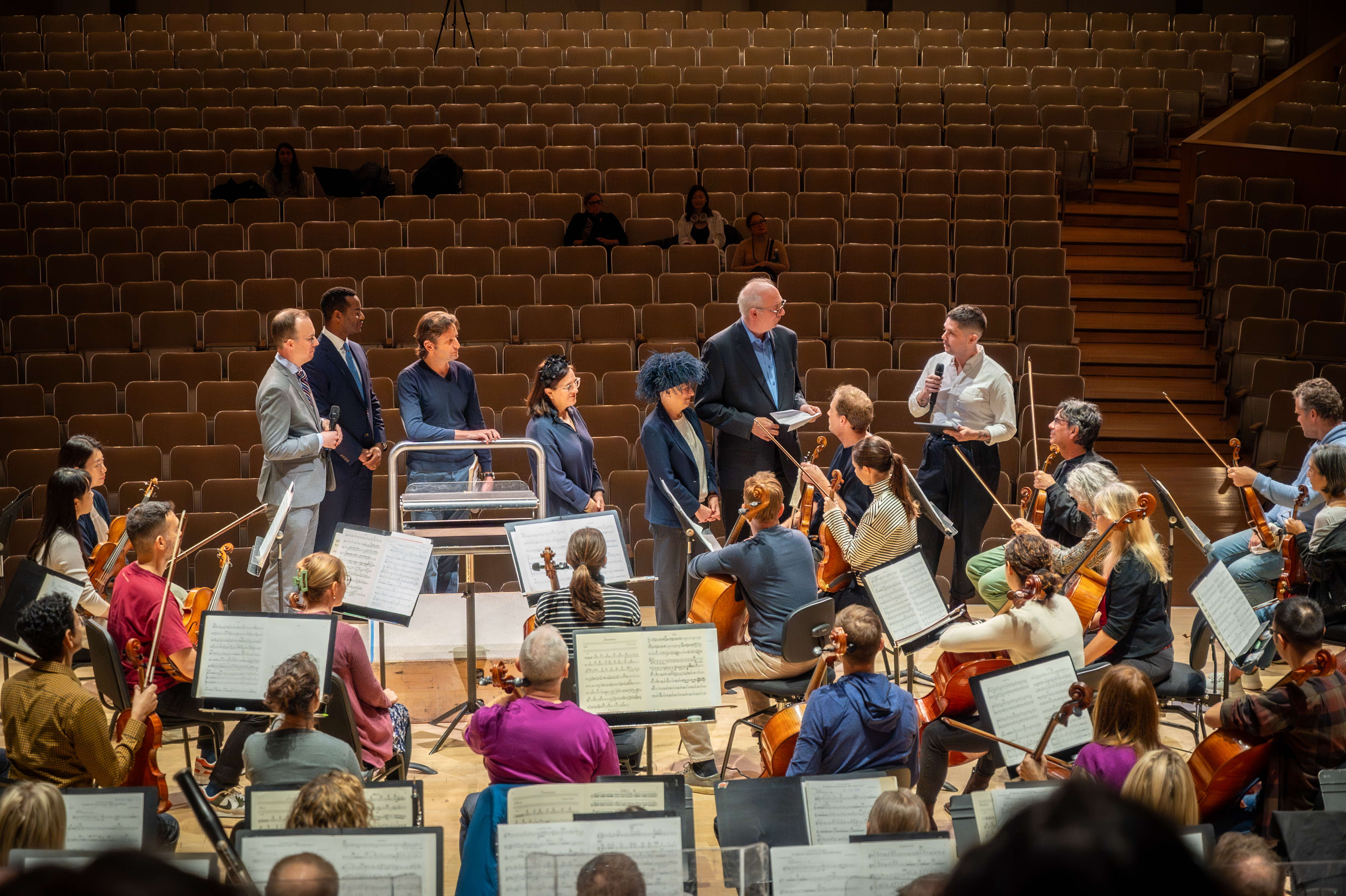 Joseph Kelly, Assistant Principal Timpani, thanks the Beck Family on behalf of TSO musicians at the announcement of the historic gift at the morning orchestra rehearsal. Photo by Allan Cabral.