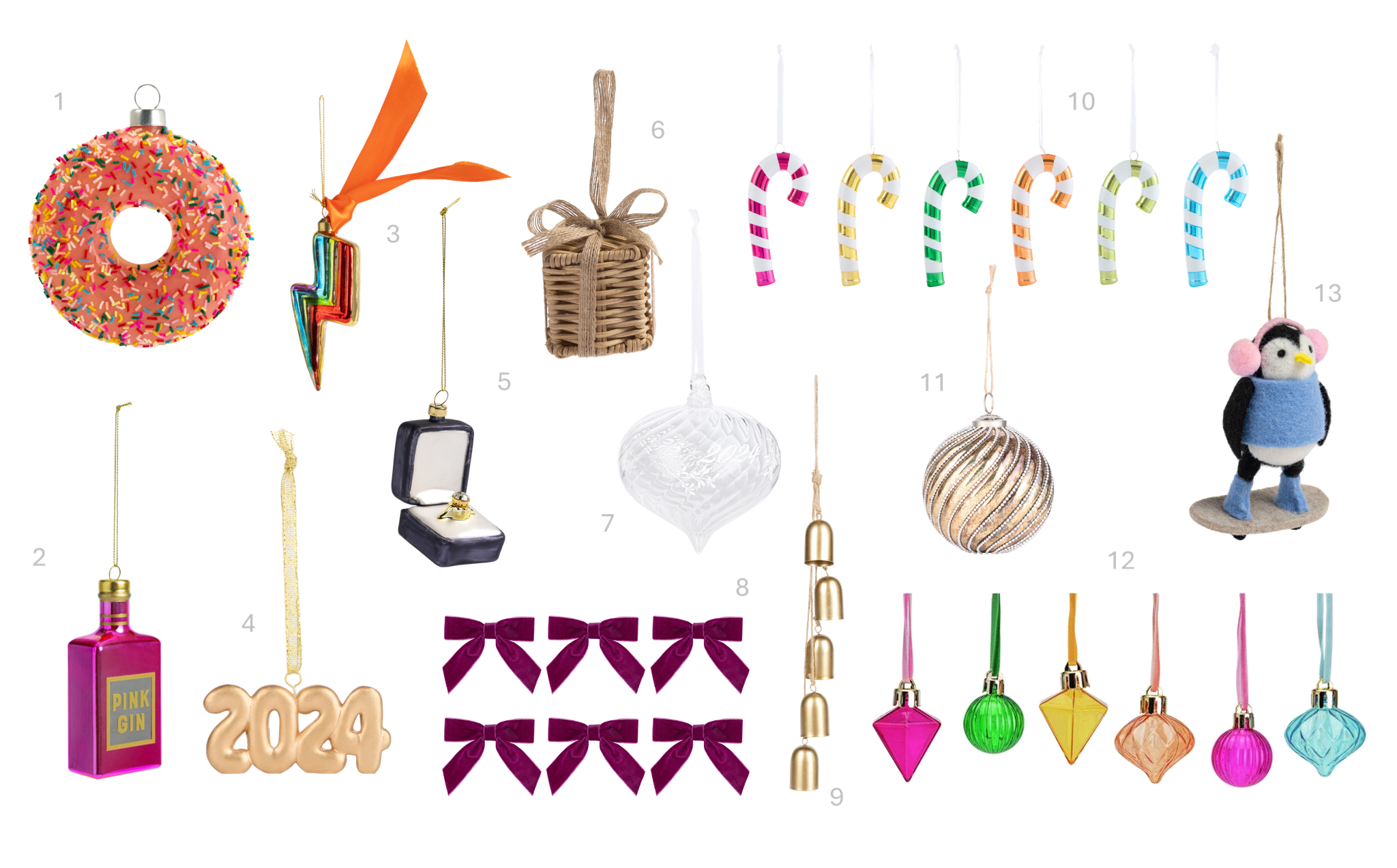 1.Habitat Single Dec - Doughnut, £4, 2.Habitat, Single Dec - Pink Gin Bottle, £4, 3.Habitat Single Dec - Rainbow Lightening Bolt, £3, 4.Habitat Single Dec - Gold Resin 2024, £3, 5.Habitat, Single Dec - Ring Box, £4, 6.Habitat, Single Dec - Wicker Present, £5, 7.Habitat Single Dec - 2024 Etched Glass, £5, 8.Habitat 6pk Bows - Velvet, £5, 9.Habitat Small Gold Hanging Bells, £5, 10.Habitat 6pk Baubles - Bright Candycanes, 11.Habitat Single Dec - Glass Beaded Gold Bauble, £5, 12.Habitat Pack Of 6 Mini Christmas Baubles – Multicoloured, £3, 13.Habitat Single Dec - Felt Skateboard Penguin, £5 1.Habitat Single Dec - Doughnut, £4, 2.Habitat, Single Dec - Pink Gin Bottle, £4, 3.Habitat Single Dec - Rainbow Lightening Bolt, £3, 4.Habitat Single Dec - Gold Resin 2024, £3, 5.Habitat, Single Dec - Ring Box, £4, 6.Habitat, Single Dec - Wicker Present, £5, 7.Habitat Single Dec - 2024 Etched Glass, £5, 8.Habitat 6pk Bows - Velvet, £5, 9.Habitat Small Gold Hanging Bells, £5, 10.Habitat 6pk Baubles - Bright Candycanes, 11.Habitat Single Dec - Glass Beaded Gold Bauble, £5, 12.Habitat Pack Of 6 Mini Christmas Baubles – Multicoloured, £3, 13.Habitat Single Dec - Felt Skateboard Penguin, £5