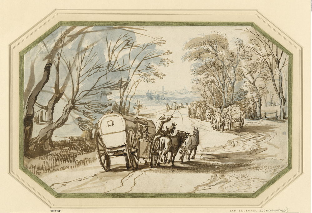 Jan Brueghel, Landschap met koetsen / Landscape with wagons / paysage avec des calèches, tekening, drawing, dessin, inv. PD 1935 1214 3, London, The British Museum