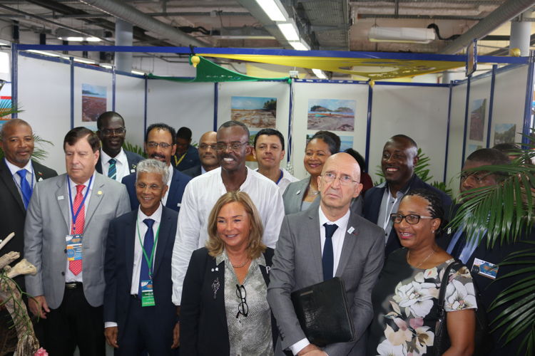 1st International Conference on Sargassum in Guadeloupe (Day 2). Opening of SARG'EXPO by the President of the Regional Council of Guadeloupe Ary Chalus along with international delegations.