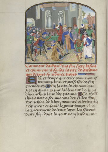 Raoul Lefèvre, Recueil des histoires de Troie, boek 1. Zuidelijke Nederlanden (Brugge), ca. 1464. ms. 9261, fol. 19v Dardanus doodt zijn broer Jasius © KBR