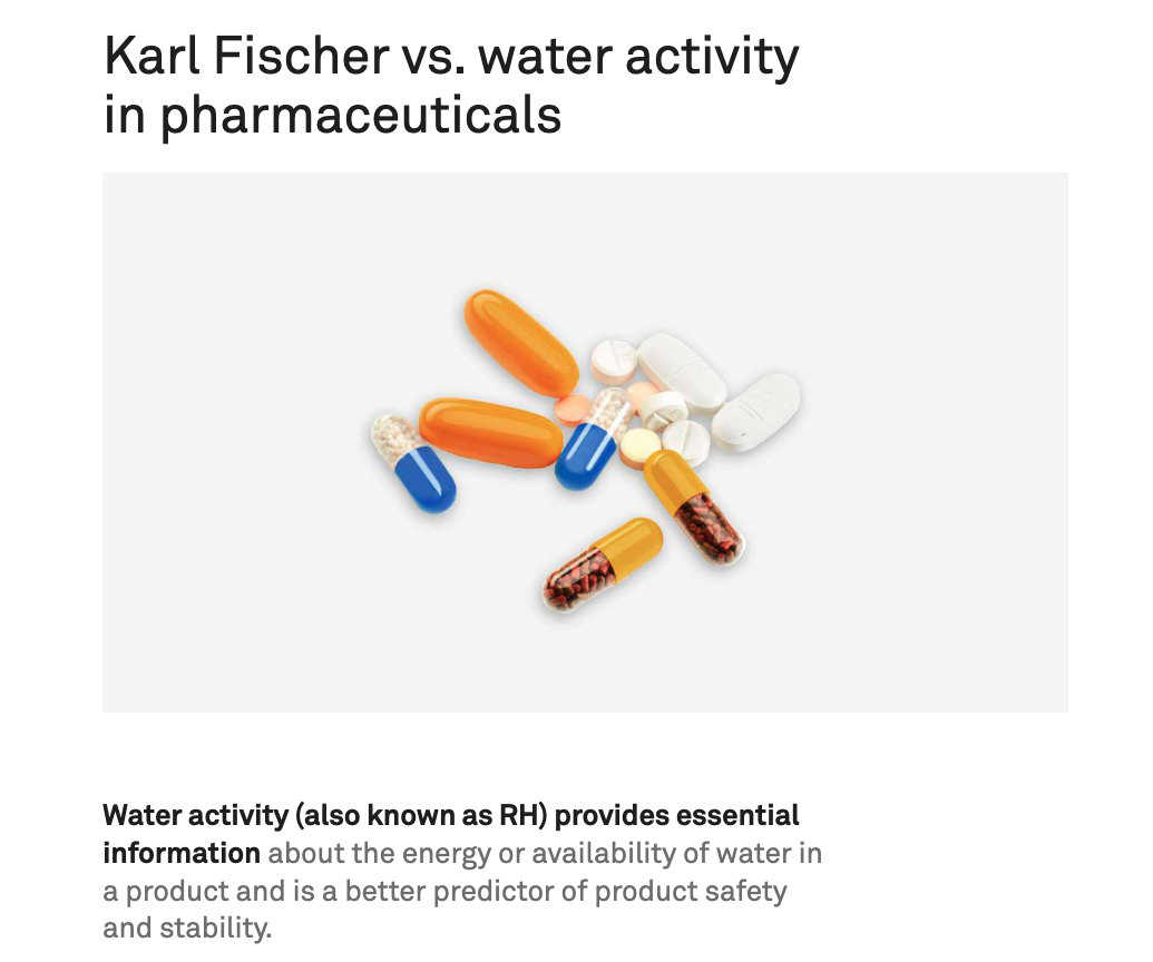 KARL FISCHER TITRATION vs. WATER ACTIVITY IN PHARMACEUTICALS
