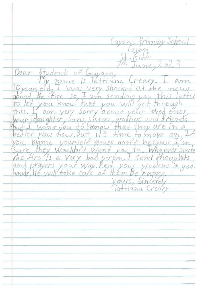 Letter from Tattiana Creary-Student of Cayon Primary School in Saint Kitts and Nevis 