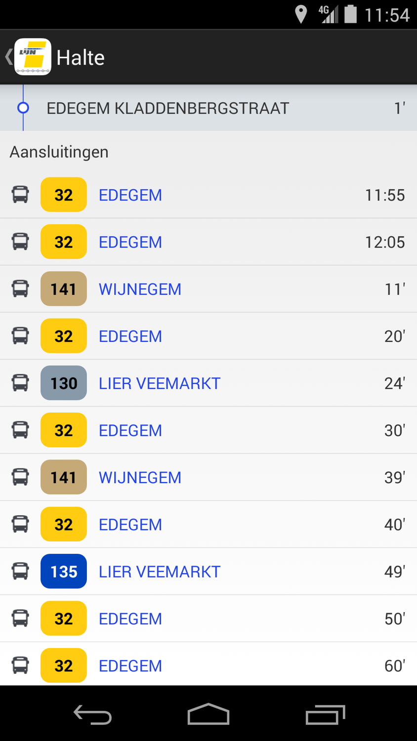 De Lijn - app halteaankondiging
De app toont de mogelijke aansluitingen
mm' = realtime reisinfo
uu:mm = volgens de dienstregeling (geen realtime info beschikbaar)