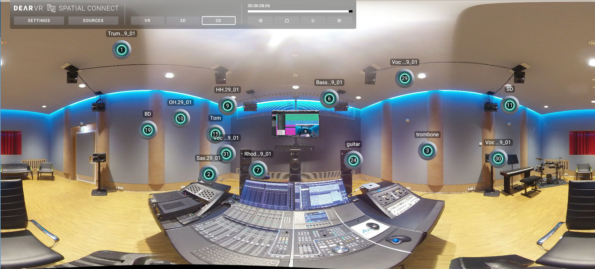 dearVR SPATIAL CONNECT biedt een uitgebreid overzicht van een ruimtelijke audiosessie door de audioplaatsingen in een VR-omgeving te simuleren