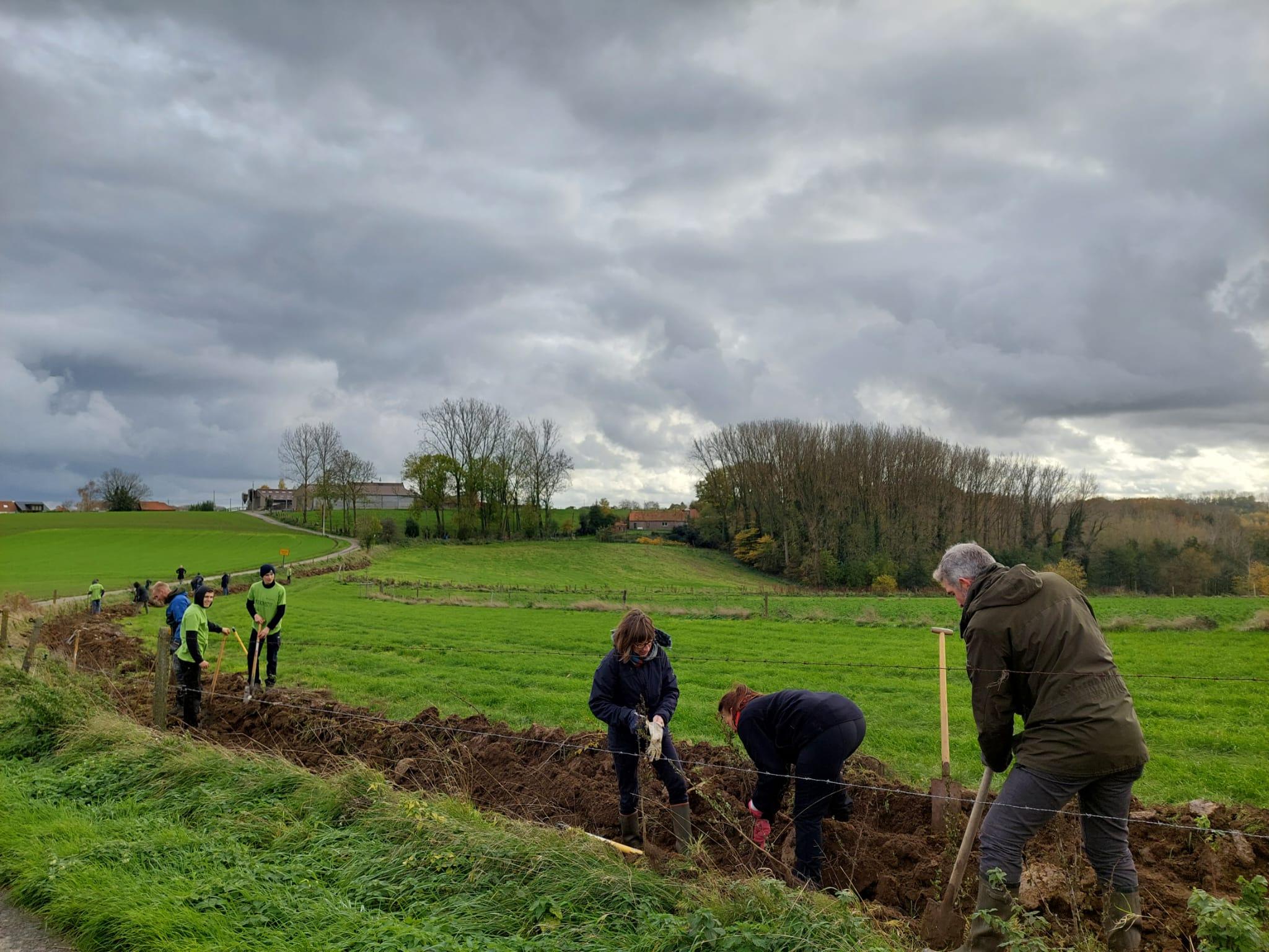 Leerlingen van de landbouwschool, boer Lieven en Natuurpunt ​ planten een haag rond de percelen van boer Lieven ©Sanne Govaert