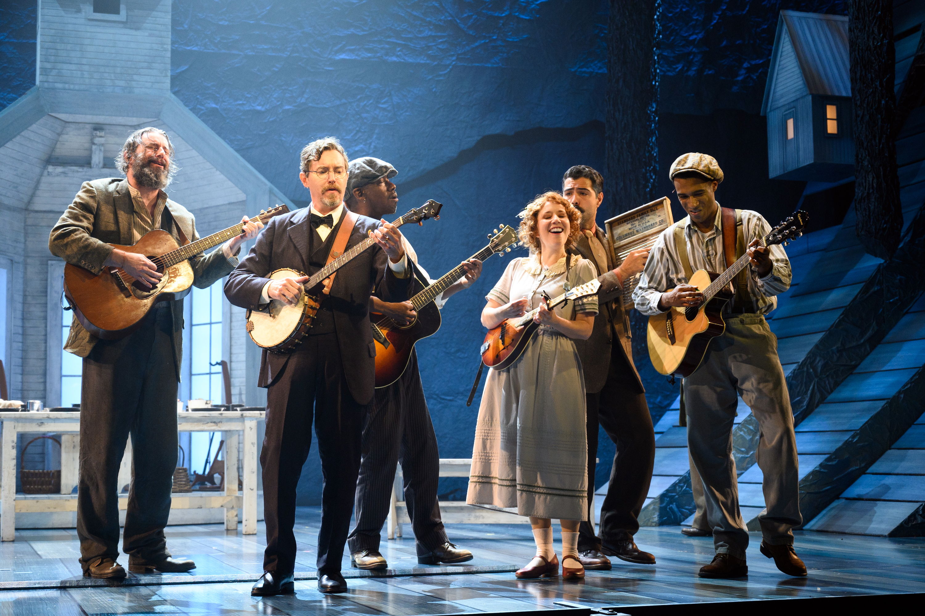 Rob Lawhon, Jeremy Aggers, Tomi Martin, Kelli Dodd, Marcello Audino, and Jimez Alexander in the Alliance Theatre’s world premiere musical, DARLIN’ CORY. ​ ​ ​ Photo by Greg Mooney