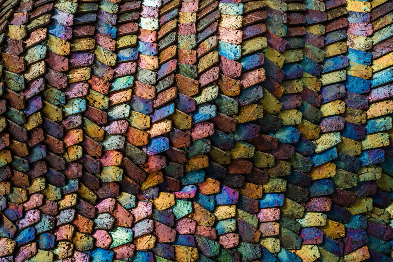 Heleen Sintobin & Amandine David, 1548 Pennae (detail), 2024. Exhibition Colour. Seeing Beyond Pigment at Z33 House for Contemporary Art, Design & Architecture. Photo © Kobe Vanderzande