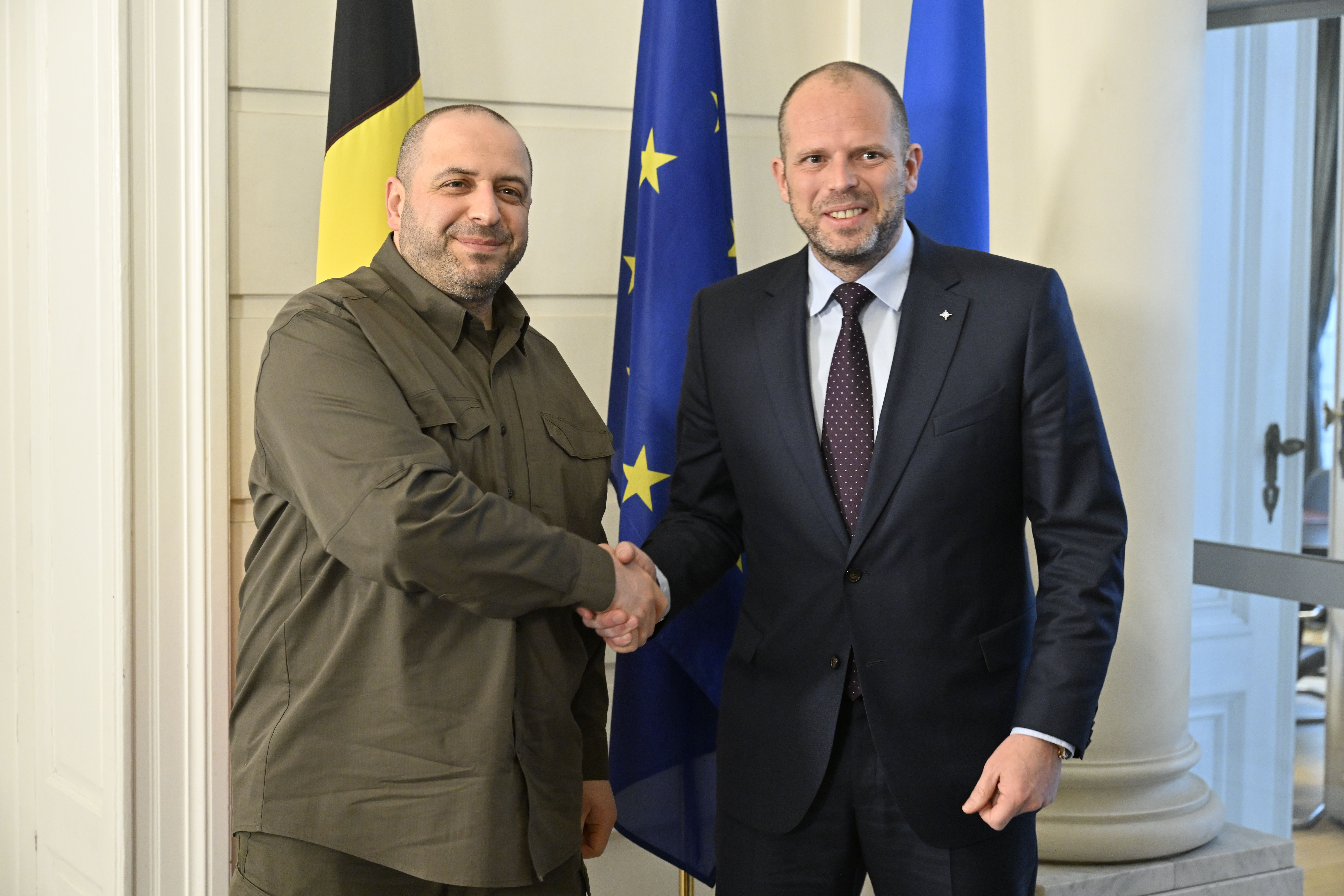 Ukraine Defence minister Rustem Umerov and Belgian Defence minister Theo Francken, 12 February 2025, in Brussels © BELGA PHOTO ERIC LALMAND