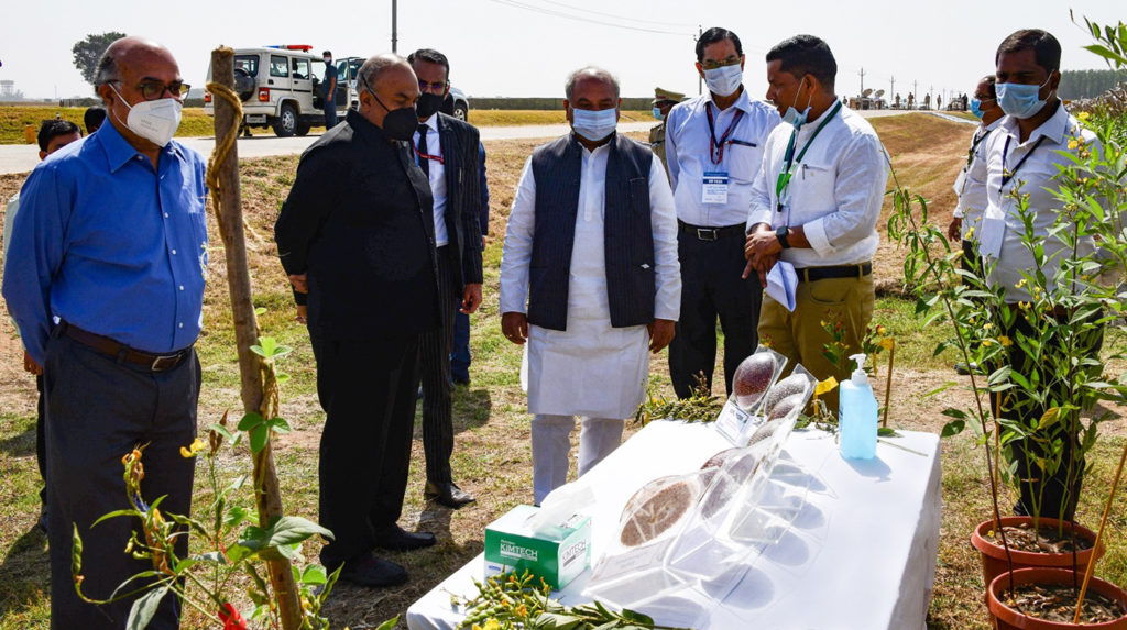 Hon'ble Union Minister of Agriculture & Farmers welfare Shri Narendra Singh Tomar and other digantries along with ICRISAT Governing Board Chair Prof Pingali on ICRISAT field trip. Photo: PTI