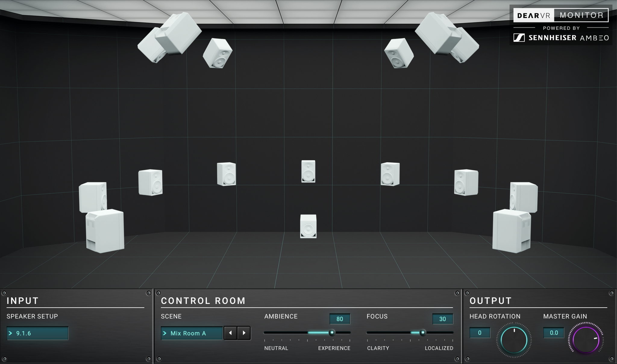 An intuitive user interface ensures that the dearVR MONITOR plugin is straightforward to use. Shown is a 9.1.6 setup