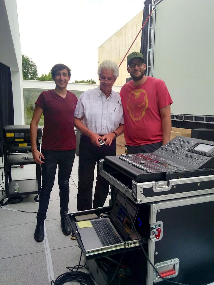 Magazzino opening night - backstage (l-t-r) WSDG audio mixing engineer David Molho, Founding Partner John Storyk & son Corbett Storyk 