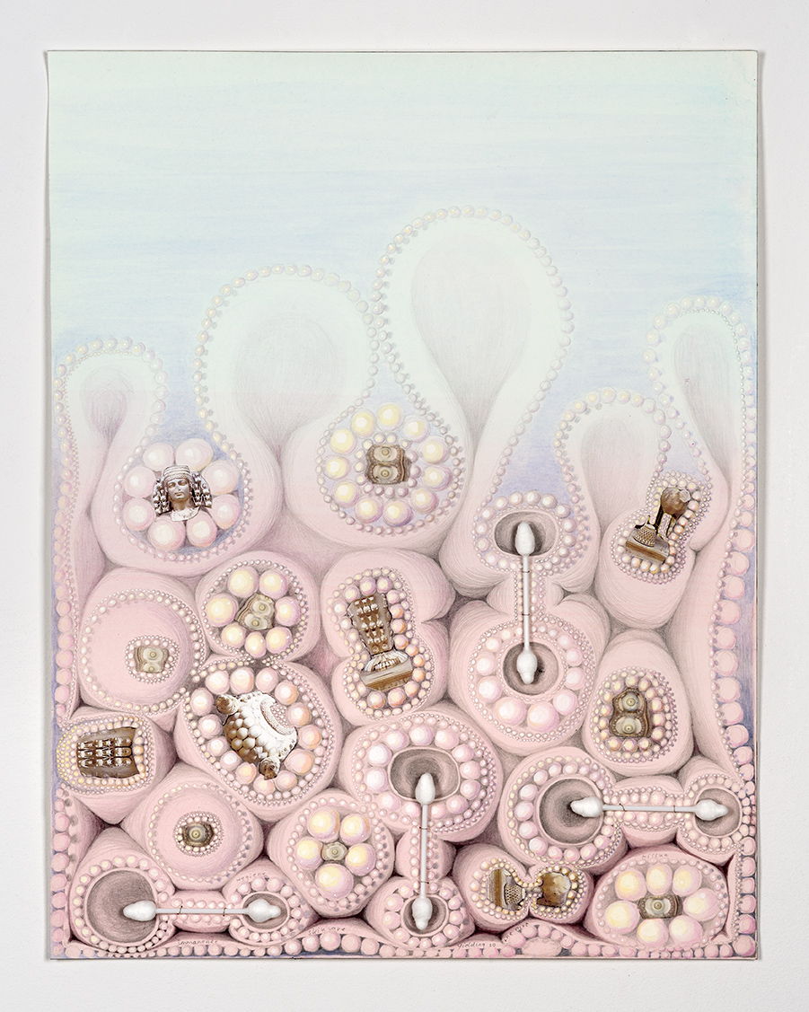 Kinke Kooi, Hygiene (3), 2015. acrylic, (color)pencil, fineliner, collage, q-tips, shell pieces and gouache on paper, 18,18 x 14,17"
