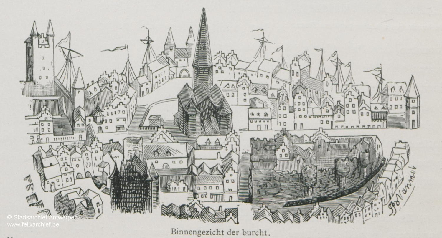 In het midden van de burcht op het kruispunt van Zakstraat en Mattenstraat stonden de vierschaar en de Sint-Walbrugiskerk. Overtekening van de stadskaart van Virgilius Bononiensis van 1565. ©Felixarchief, Stadsarchieven Antwerpen