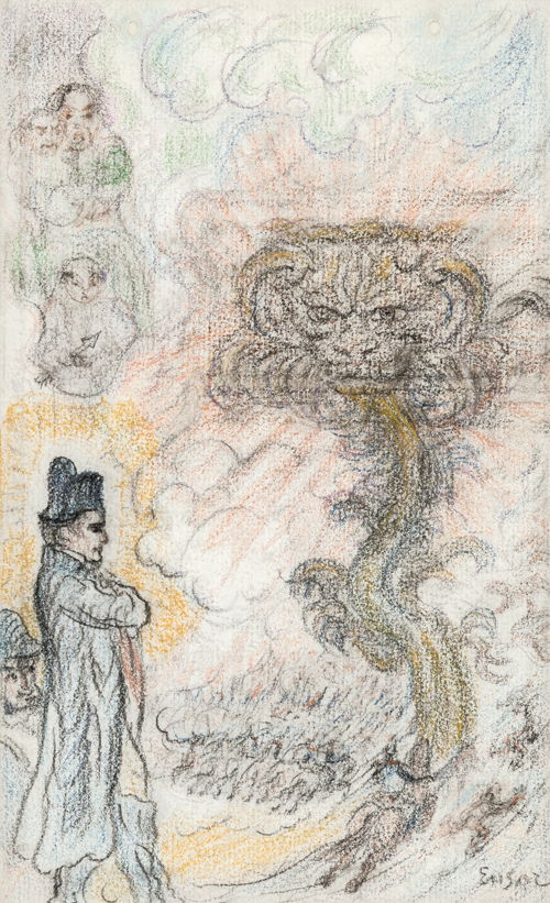 James Ensor, Napoleon, ca. 1910-1920. Zwart krijt gehoogd met verschillende kleuren krijt op papier, gekleefd op Japans papier, 226 x 137 mm. Koninklijke Musea voor Schone Kunsten van België, inv. 12678