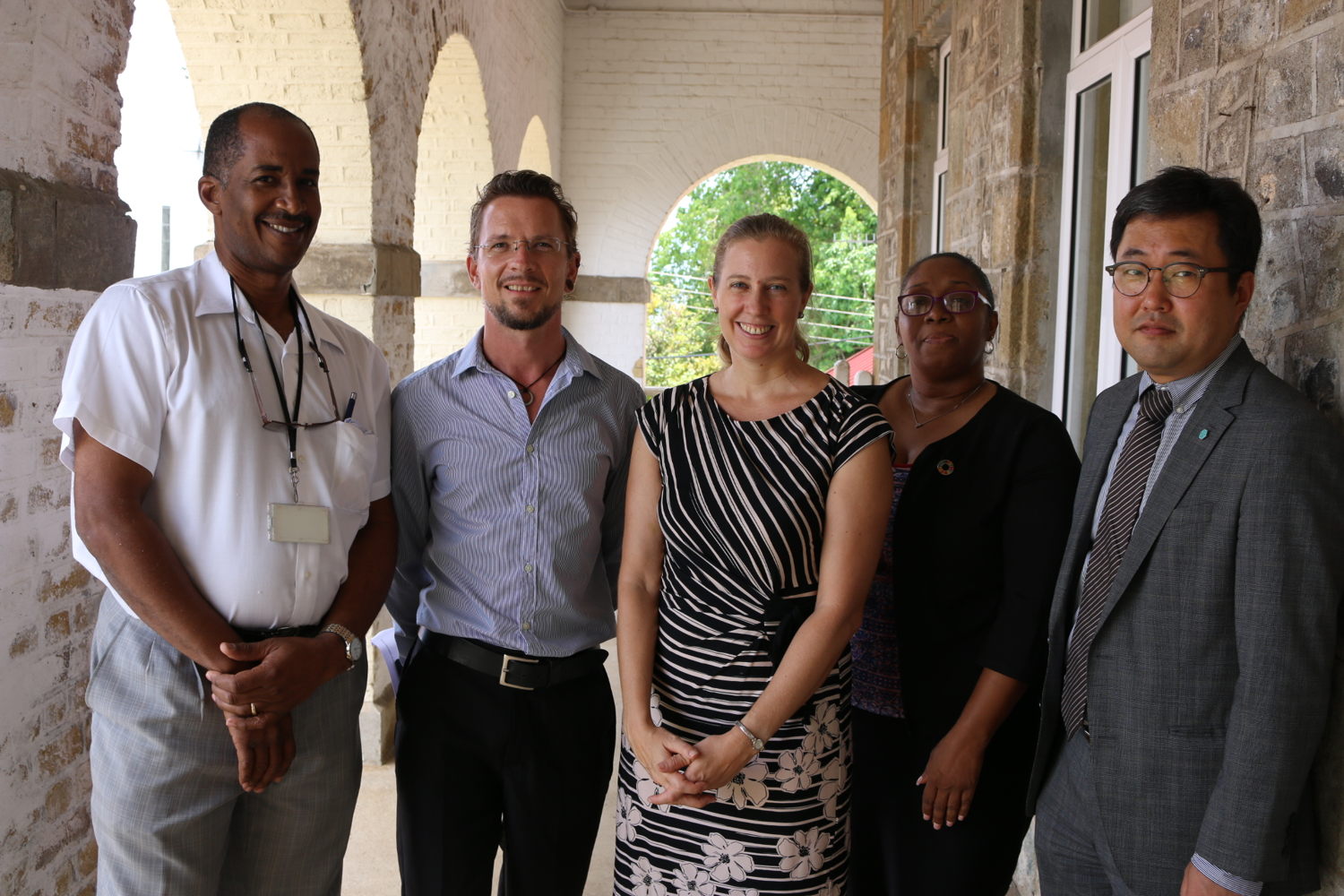 From left to right: Climate Change Programme Officer at the OECS Crispin d'Auvergne, Sustainable Energy Programme Officer at the OECS Martin Rufenach, GGGI Caribbean Representative Dr. Kristin Deason, Development Cooperation and Resource Mobilisation Programme Officer Patricia-Ann Wardrope, GGGI Director and Head of Programs for Latin America and the Caribbean Dr. Chanho Park.  