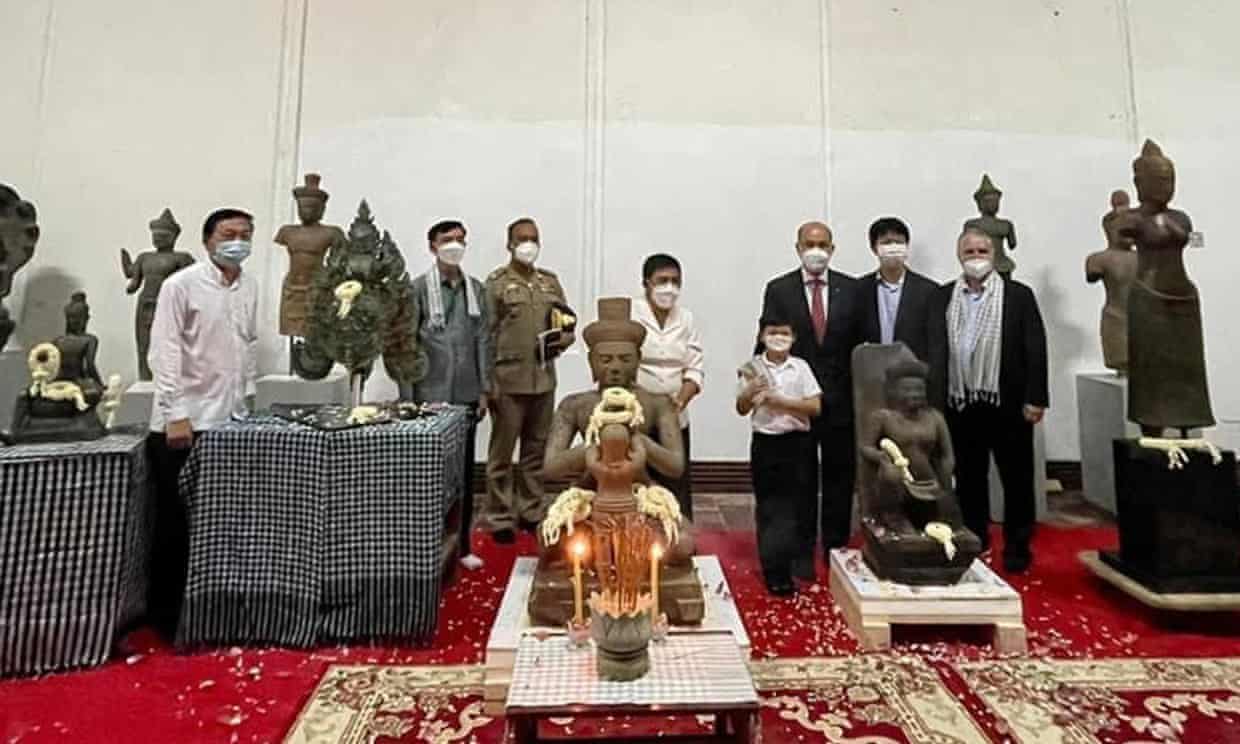 Ancient Khmer sculptures from the Douglas Latchford collection, which were returned to Cambodia by the collector’s daughter Julia. Photograph: Cambodian ministry for Culture