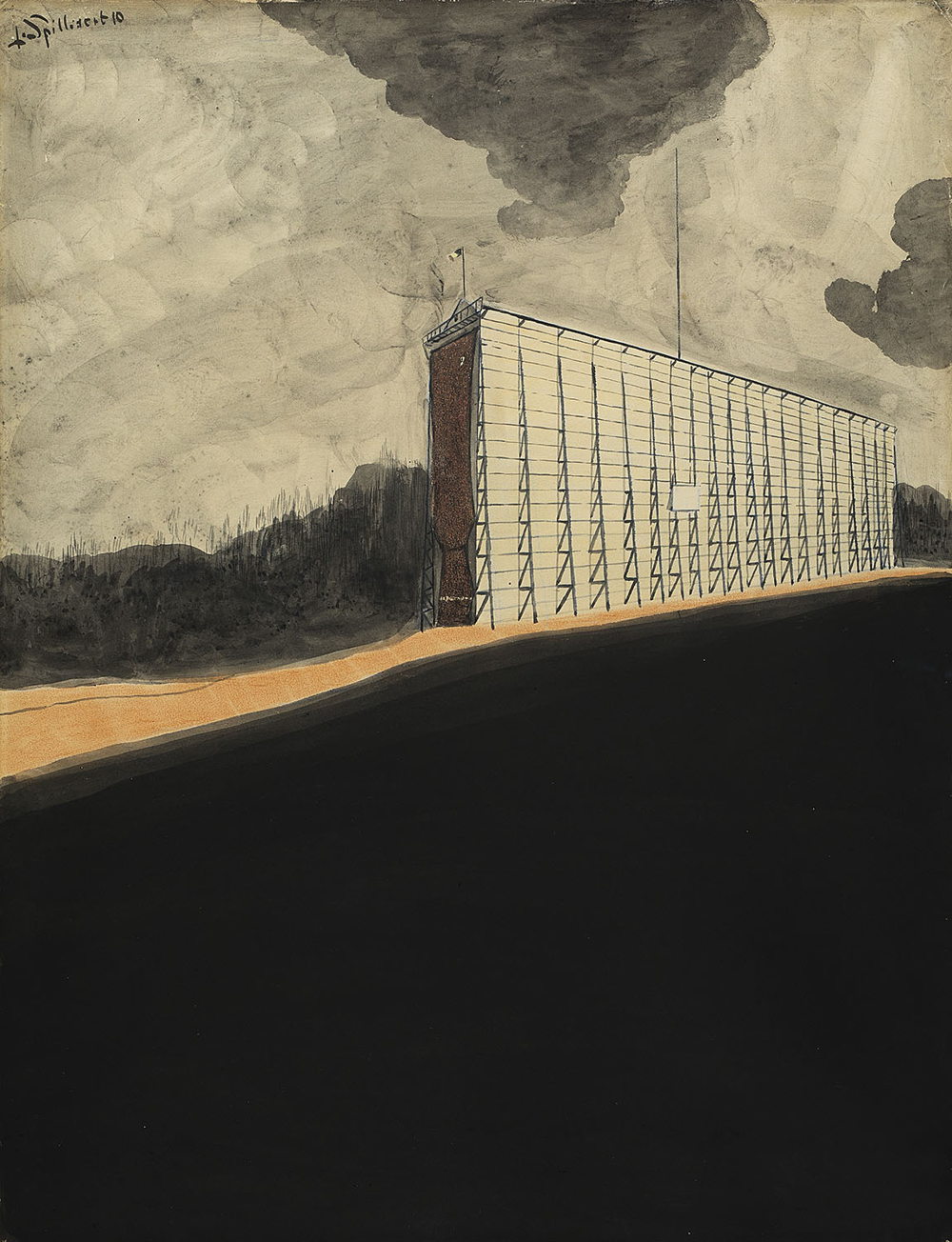 Léon Spilliaert (1881-1946), De loods van het luchtschip (Le hangar du dirigeable), 1910, gemengde techniek op papier, 65 x 50 cm. Schatting 180 000 € - 240 000 €.
