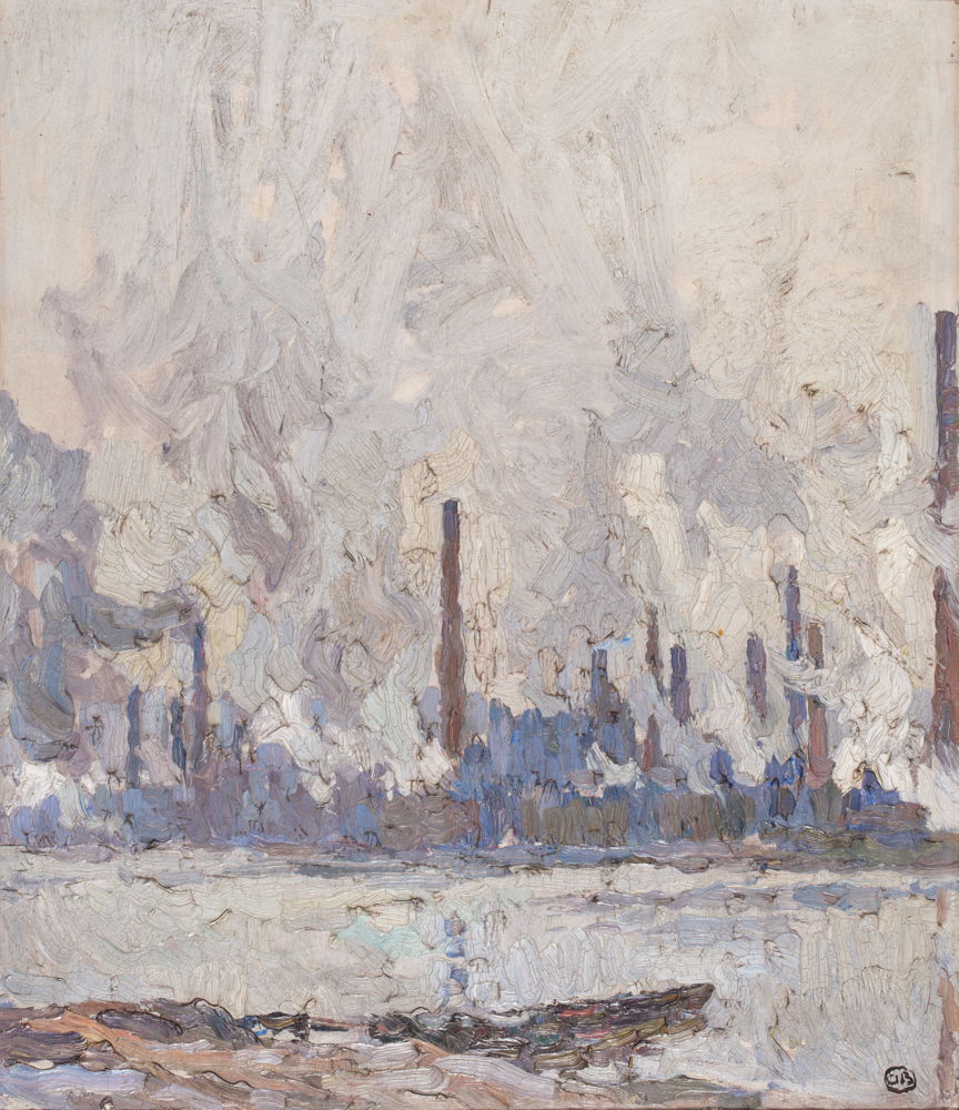 Albert Baertsoen (Gand, 1866 – Gand, 1922) Cheminées d’usines, Ougrée (étude III), vers 1907-08 Huile sur panneau, 55 x 46,5 cm Collection privée
