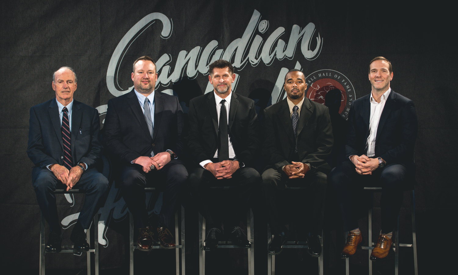 Frank Cosentino, Scott Flory, Hank Ilesic, Barron Miles, and Brent Johnson. La cuvée 2018 du Temple de la renommée du football canadien. Photo : Johany Jutras/LCF.ca