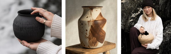 A brown and whiteMatte black stoneware and white speckled ​
stoneware vessels by Alex Roby Designs