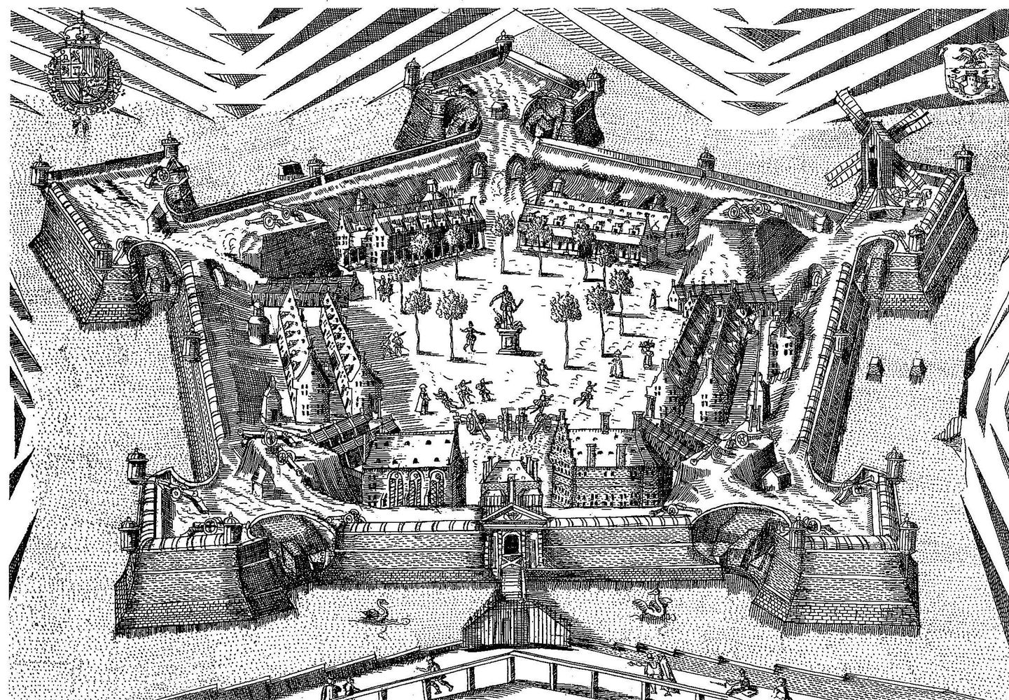 16de-eeuwse gravure van de citadel met het standbeeld van de hertog van Alva (anoniem, 1571-1574) (©Koninklijke Bibliotheek Brussel)