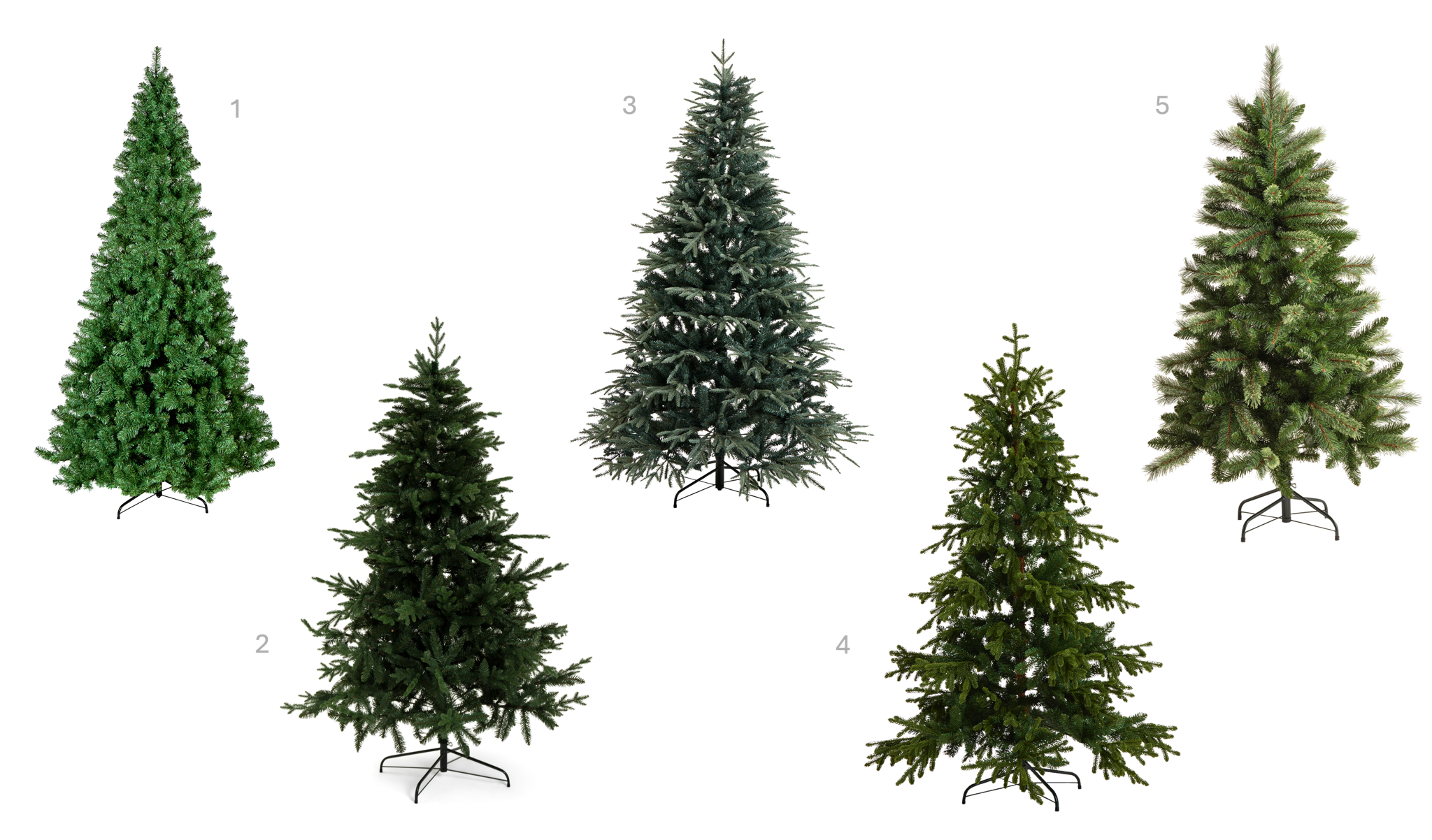 1.Habitat 10ft Tree, £130, 2.Habitat 7ft Green Mixed Tip Natural Look Upswept Tree, £140, 3.Habitat 7ft Blue Spruce Tree, £140, 4.Habitat 6ft Soft Tip Alpine Tree, £120, 5.Habitat 5ft Green Mixed Cashmere Tree, £50