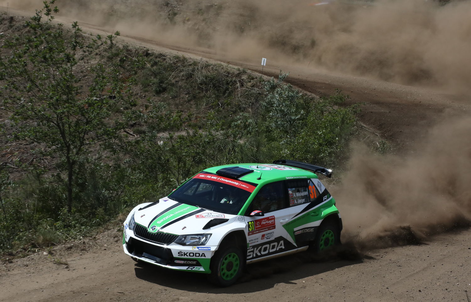 Pontus Tidemand and co-driver Jonas Andersson currently holding second position in WRC 2 at Rally Portugal 2017 driving a ŠKODA FABIA R5