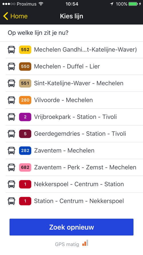 3. Scherm dat je te zien krijgt als je op het startscherm voor 'start halteaankondiging' hebt gekozen. De lijnen in jouw buurt worden getoond.