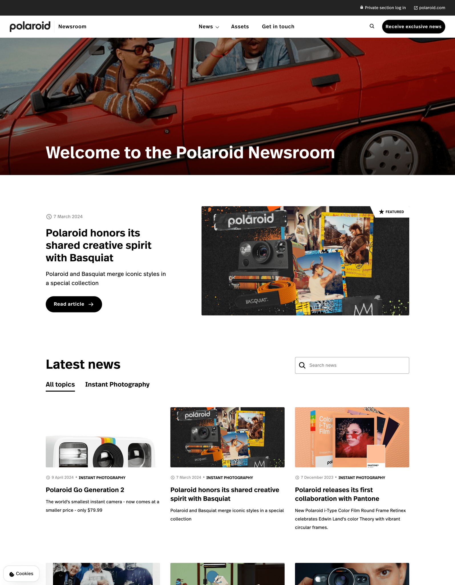 Polaroid's newsroom, as featured by PR.co. Open the image for a closer look at the news and assets layout.