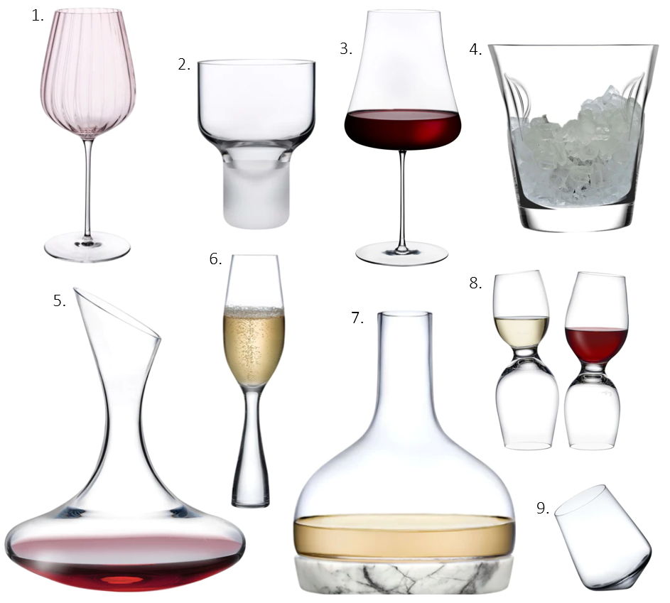 1. Round Up Dusty Rose Set of 2 Red wine glasses, EU €60, US $102, INT $67 ​
2. Contour Set of 2 Wine Glasses with Sandblasted Base, EUR €69, US $101, INT $101
3. Stem Zero Volcano Red Wine Glass, EUR €112, US $196, INT $196
4. Glacier Wine Cooler, EUR €60, US $101, INT $101
5. Oxygen Wine Decanter, EUR €93, US $15, INT $157
6. Wine Party Set of 2 Champagne Glasses, EUR €121, US $183, INT $177
7. Chill Carafe with Marble Base, EUR €150, US $219, INT $219
8. Red Or White Set of 2 Wine Glasses, EUR €174, US $254, INT $254
9. Balance Set of Two Wine Glasses, EUR €46, US $78, INT $68