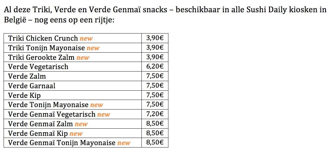 Triki, Verde en Verde Genmaï snacks beschikbaar in alle Sushi Daily kiosken in België 