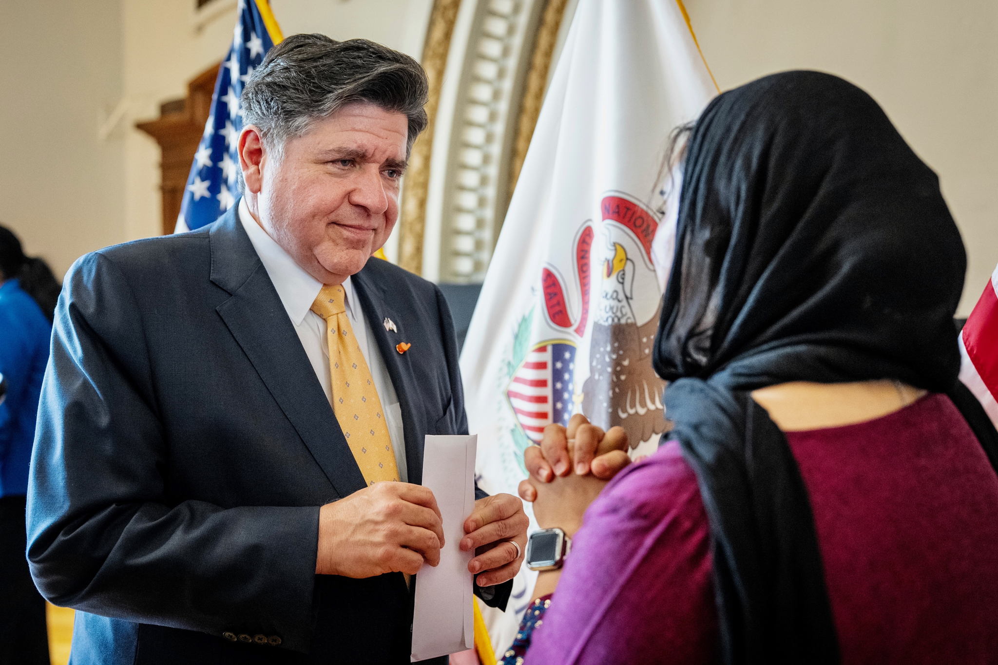 Gov. Pritzker speaks with Rabia Amin, who provided an account of her father’s mistreatment in ICE custody and efforts to maintain her family’s business.