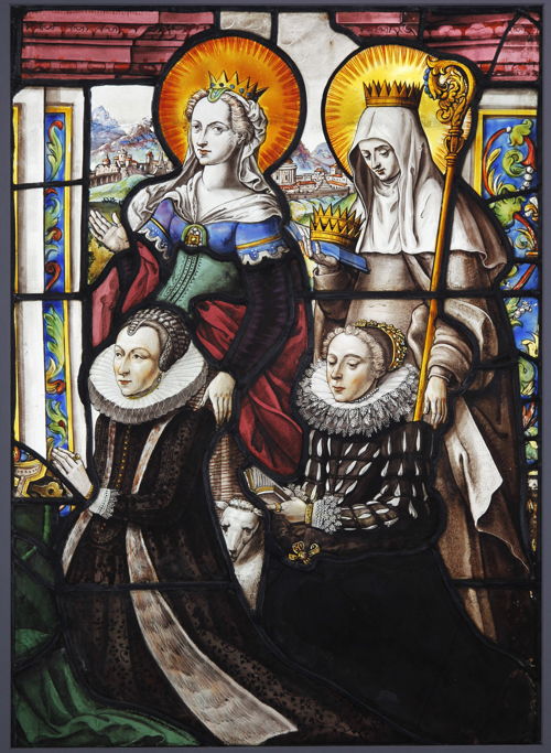 Jan De Caumont, Margaretha Vekemans en haar dochter vergezeld van de H. Agnes en de H. Elisabeth van Hongarije, 1618, gebrandschilderd glas. Afmetingen: 60 x 42,5. M – Museum Leuven. Foto (c) Katrin Kamrau
