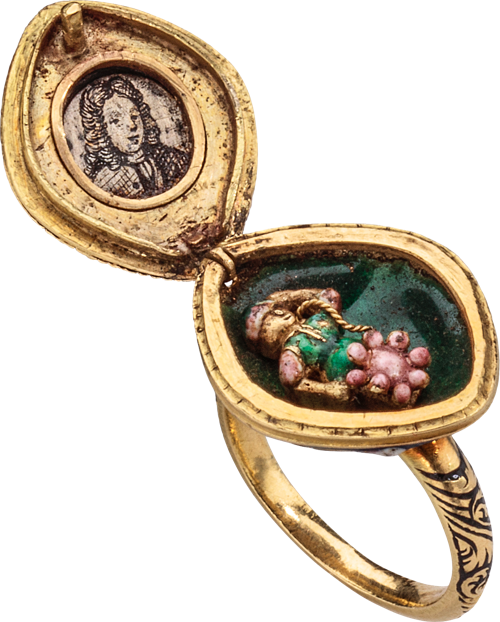 Gouden clusterring met diamanten en miniatuurportret, copyright: Les Enluminures Ltd. 