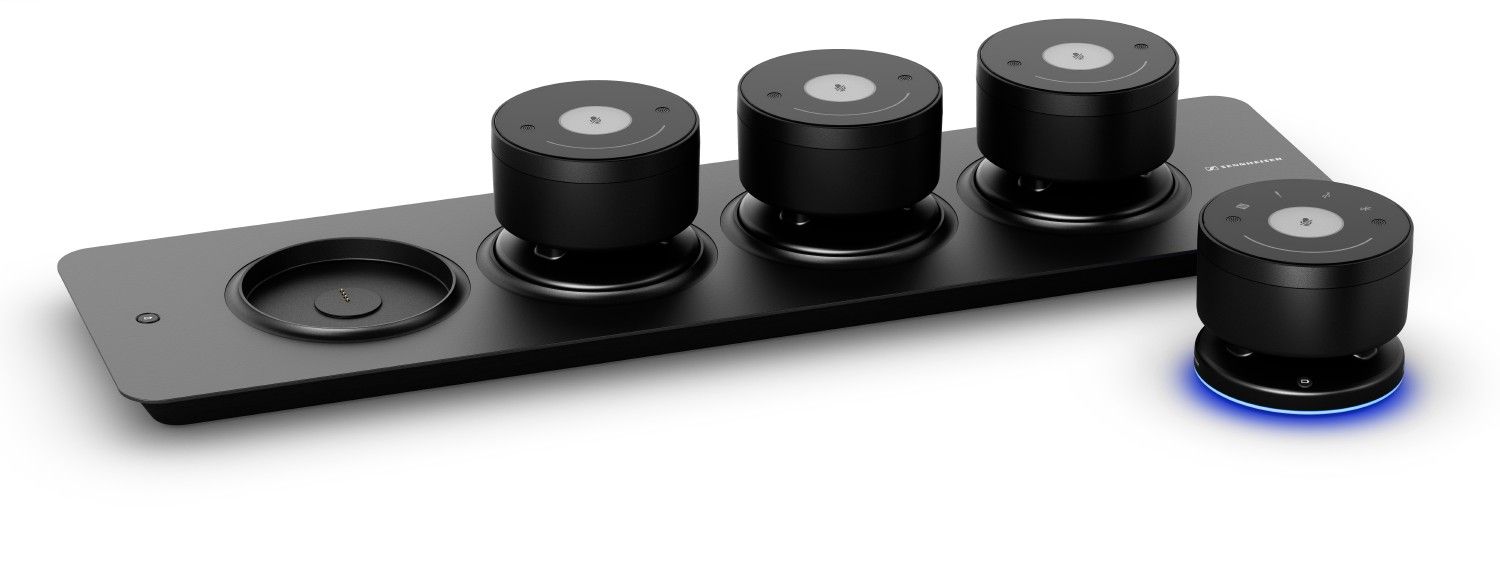 TeamConnect Wireless with the charging tray for use in more permanent meeting rooms. TeamConnect Wireless with the charging tray for use in more permanent meeting rooms.