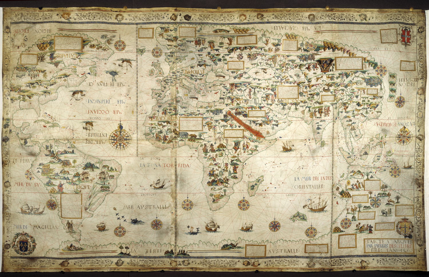 Op zoek naar Utopia © Pierre Desceliers, Mappamundi (Wereldkaart), 1550. British Library, Londen