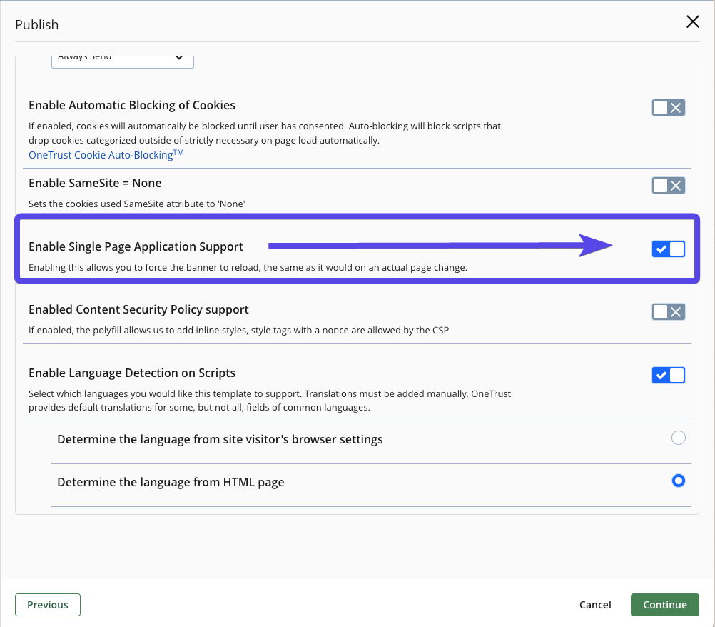 SPA toggle in OneTrust dashboard