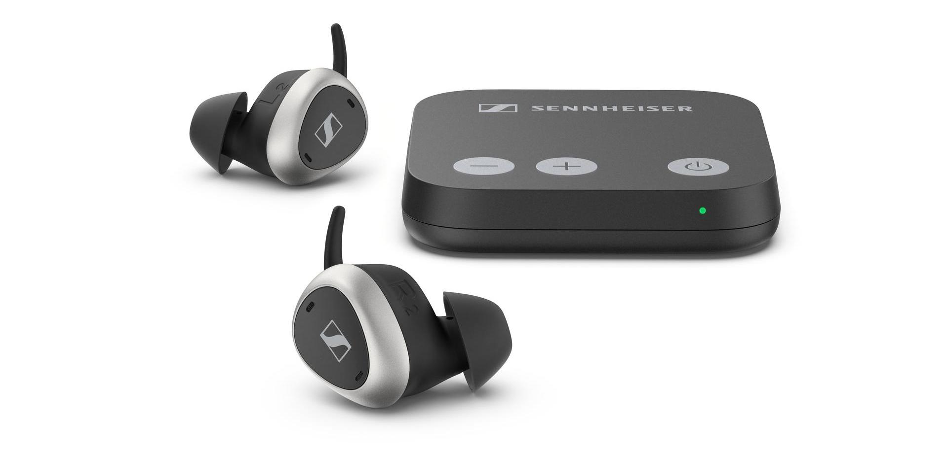 The Sennheiser TVS 200 true wireless earbuds and transmitter for dialogue enhancement of TV programming