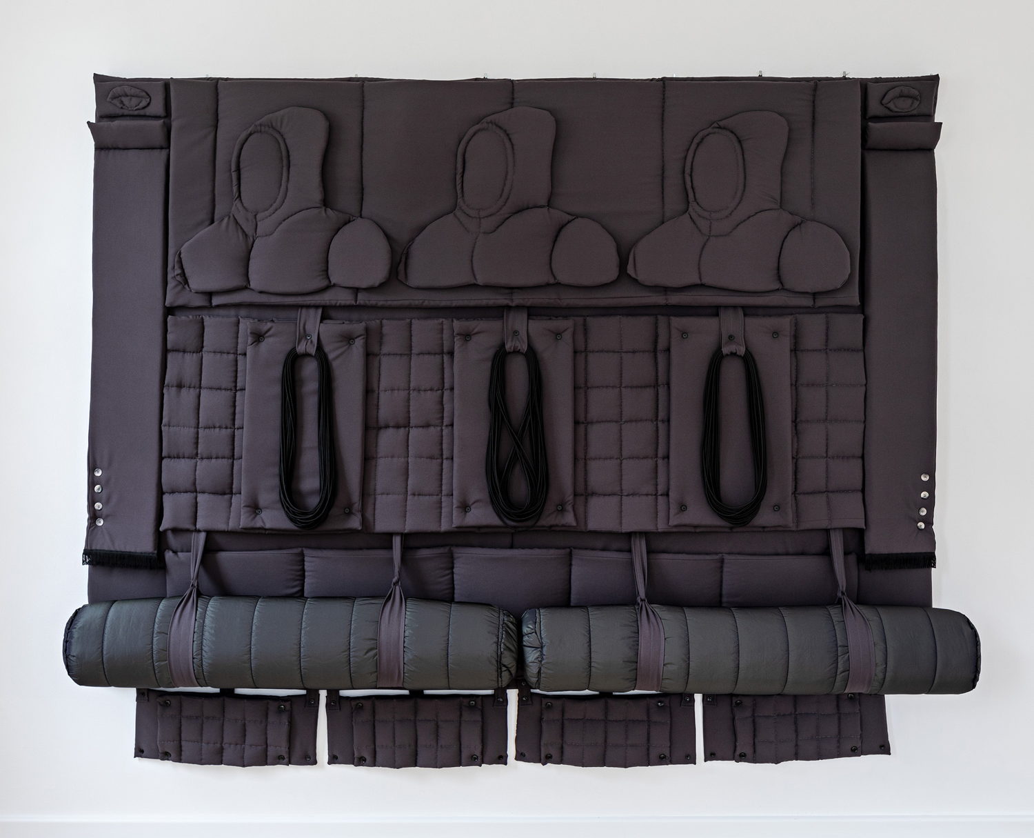 Yesim Akdeniz, self portrait as an orientalist carpet 13, 2021 240 x 190 cm Upholstery, textile, rope, buttons, stitching  tassel, belt, buckle 