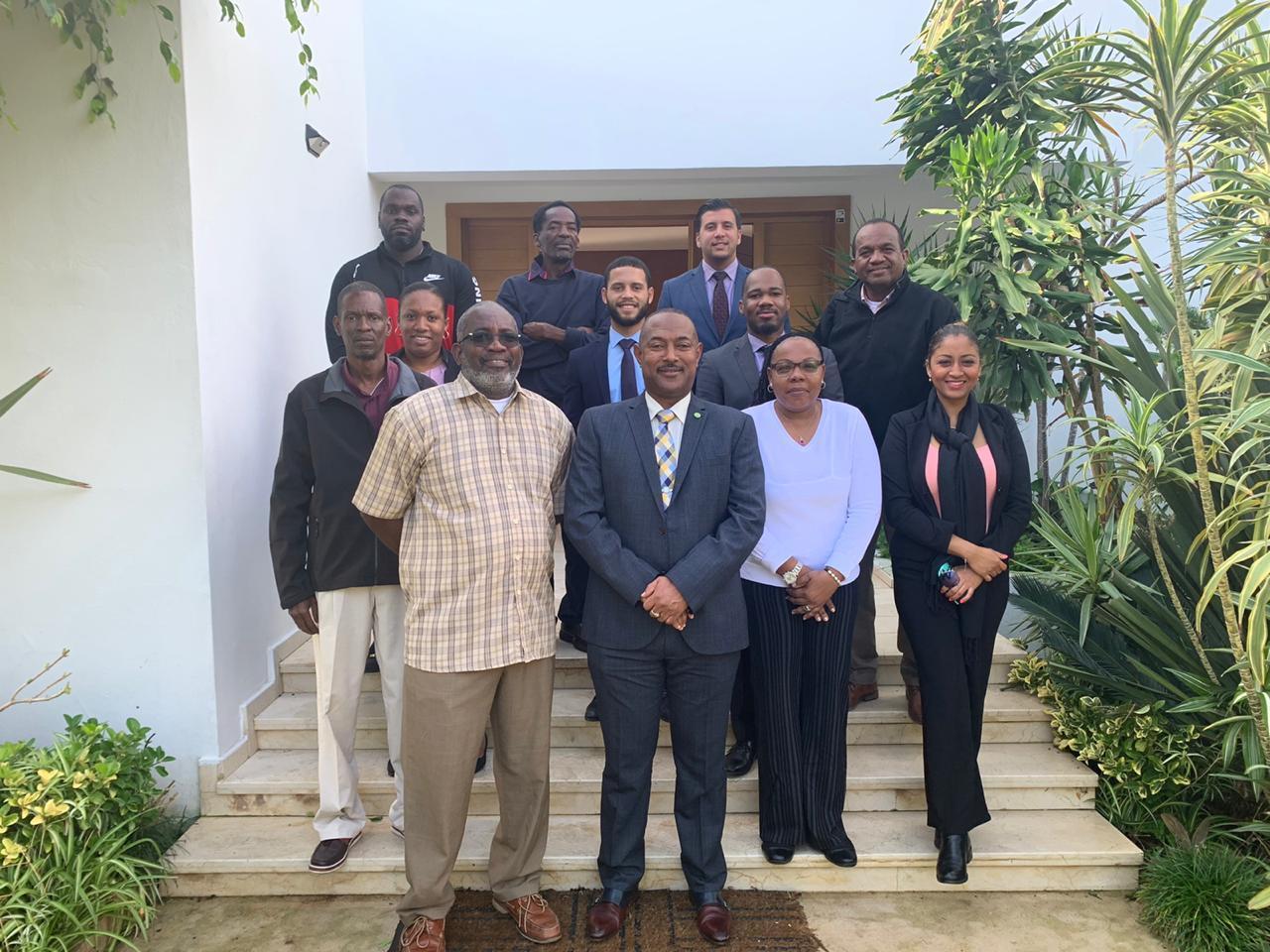 From back-row, left-to-right: Charlie Prospere, Fisheries Biologist, St. Lucia; Emile Pemberton, Deputy Director, Ministry of Agriculture, St. Kitts & Nevis; Howard Bromfield, Chief Fisheries Instructor, Jamaica; Kate St. Mark, Fisheries Officer, St. Lucia; Christian Wayne, Second Secretary, ECS Embassies; Kurt Williams, First Secretary, ECS Embassies; Mark Archibald, Senior Fisheries Officer, Antigua & Barbuda; Eden Edwards, Permanent Secretary Ministry of Agriculture, St. Kitts & Nevis; His Excellency Ambassador-Designate Ian M. Queeley; Charlene Thomas, Senior Fisheries Instructor, Jamaica; Ava Ghirawoo, Administrative Assistant, ECS Embassies.