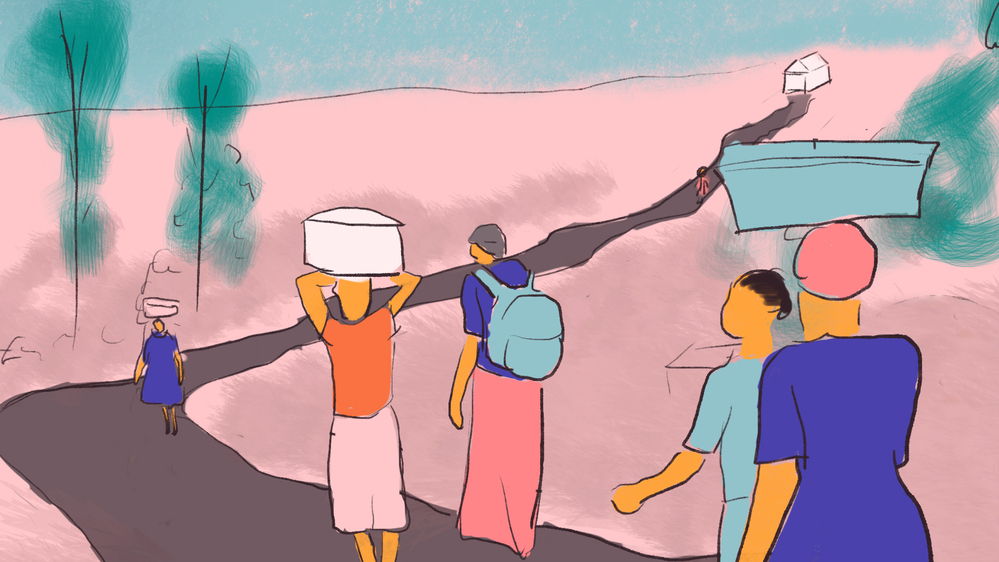 Illustration of women and girls travelling along a long road, with a healthcare facility in the distance | Date taken: 22/02/2021 | Copyright: MSF